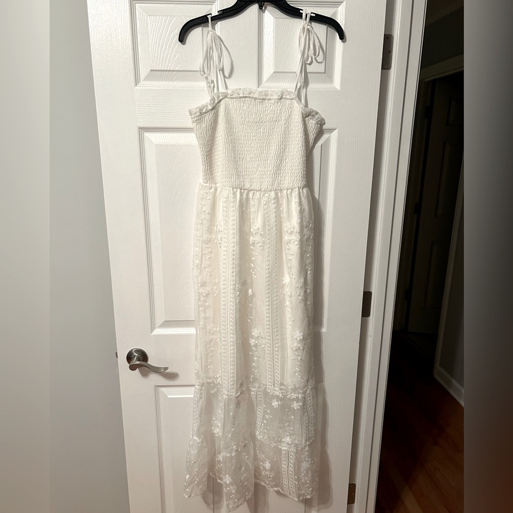 White, maxi, tank top dress, perfect for bridal shower or engagement photos